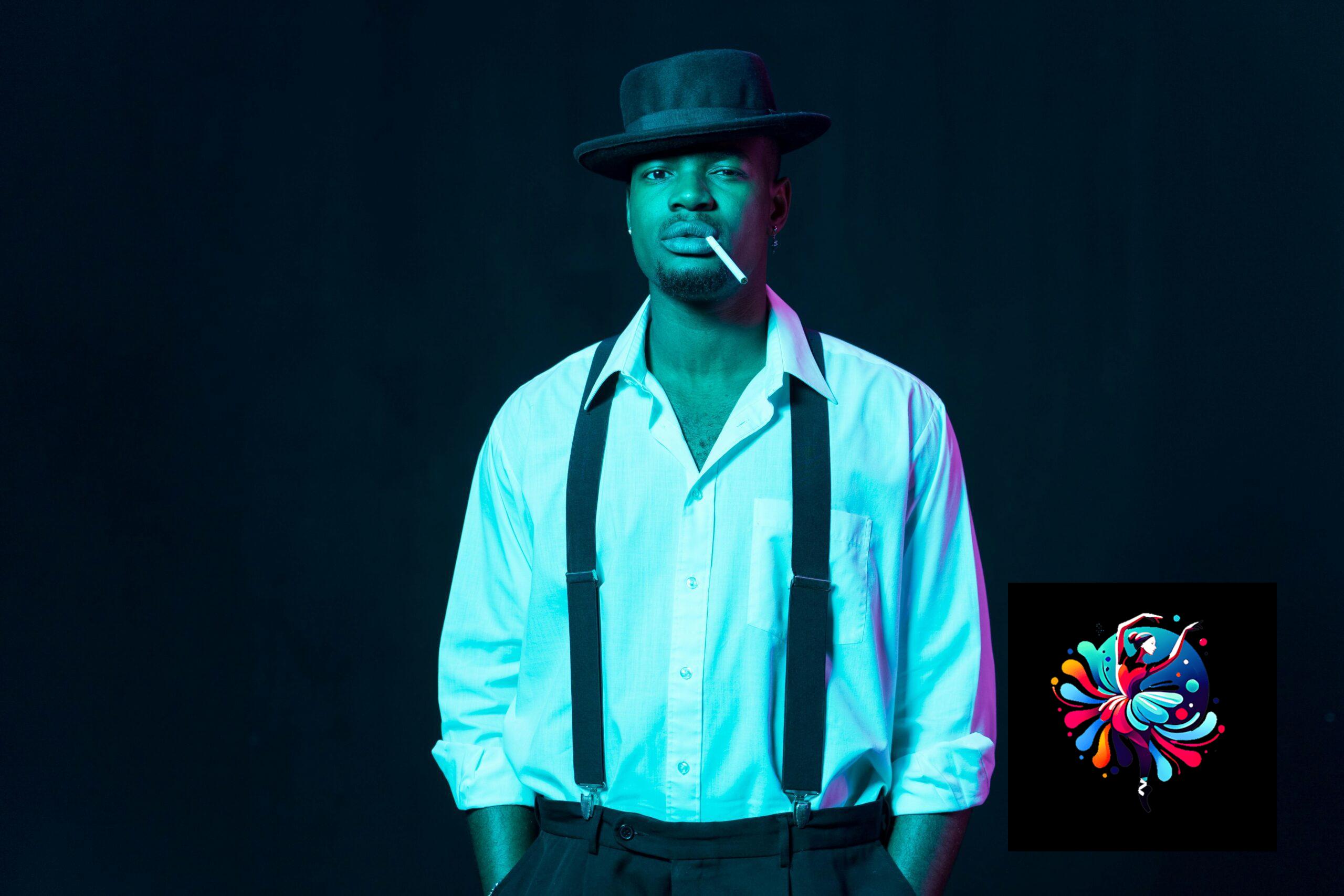 Modern Jazz Confident man with hat and suspenders against dark backdrop, exuding vintage style. blog astuces conseils danses