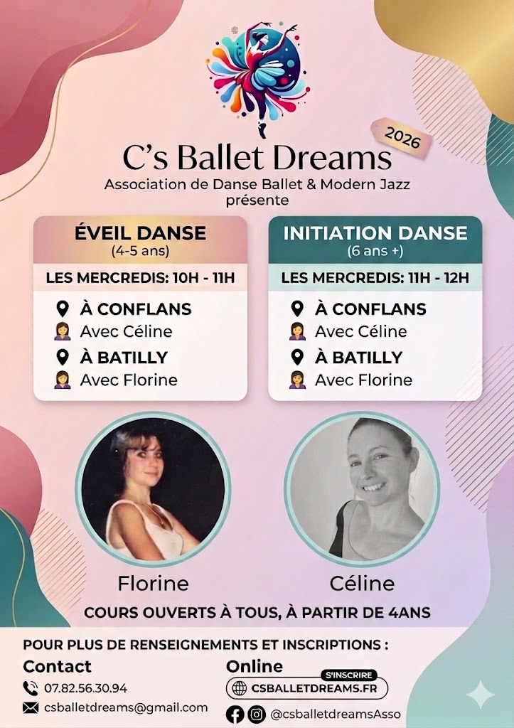 Image de présentation de l'arrivée de Florine à gauche et de Céline à droite. On retrouve les horaires des cours à Batilly et à Conflans en Jarnisy.